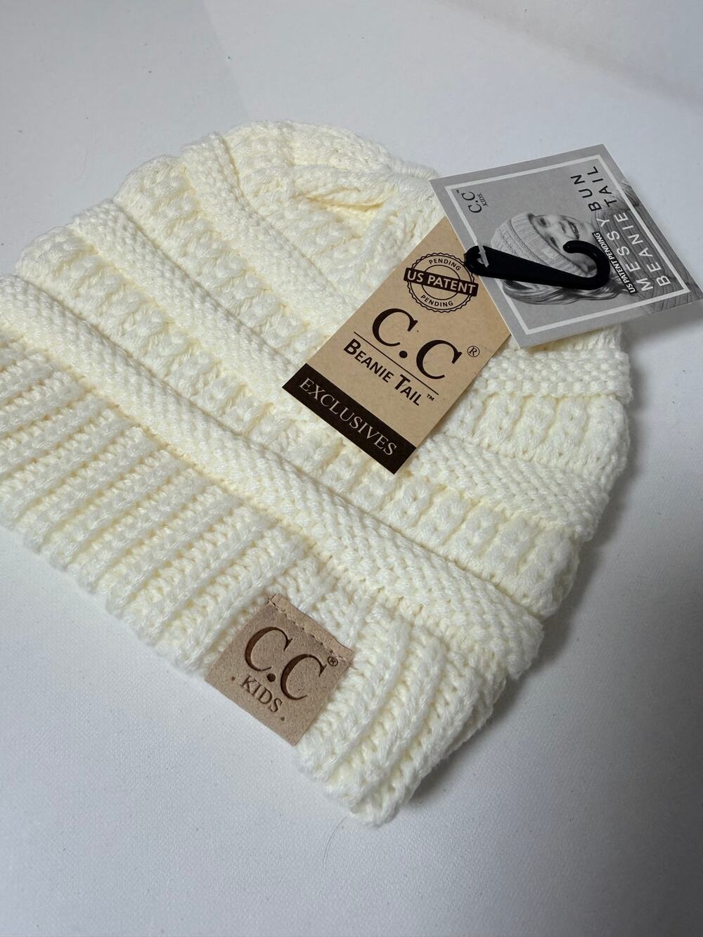 NWT C.C Kids Ivory Cable Knit Beanie Tail Hat Winter Cap One Size